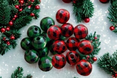 Round Wooden Printed Beads - Red & Green Ribbon - 16mm