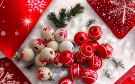 Round Wooden Printed Beads - Snowflake & Maple Leaf - 16mm