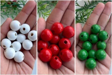 Round Wooden Colored Beads - White , Red & Green